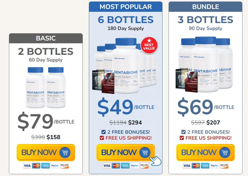 DentaBiome package options with one three and six bottle pricing