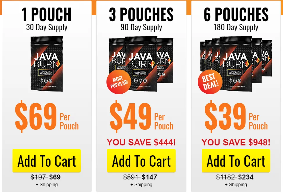 Java Burn package options showing current price per pouch