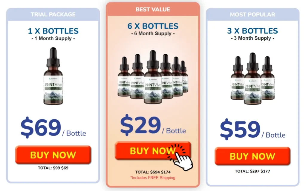 Joint Vive pricing packages showing one three and six bottle options