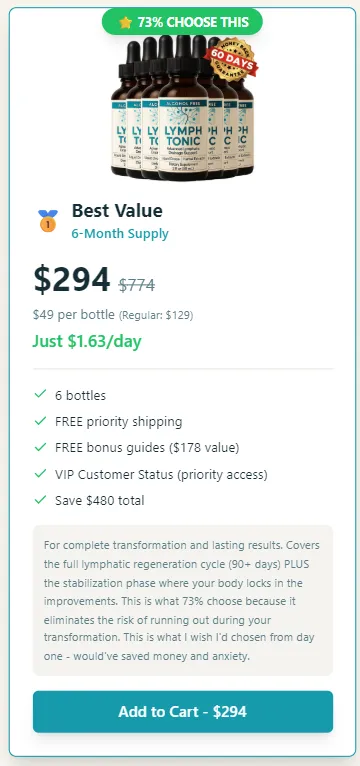 Lymph Tonic bottle packages showing one three and six bottle pricing options