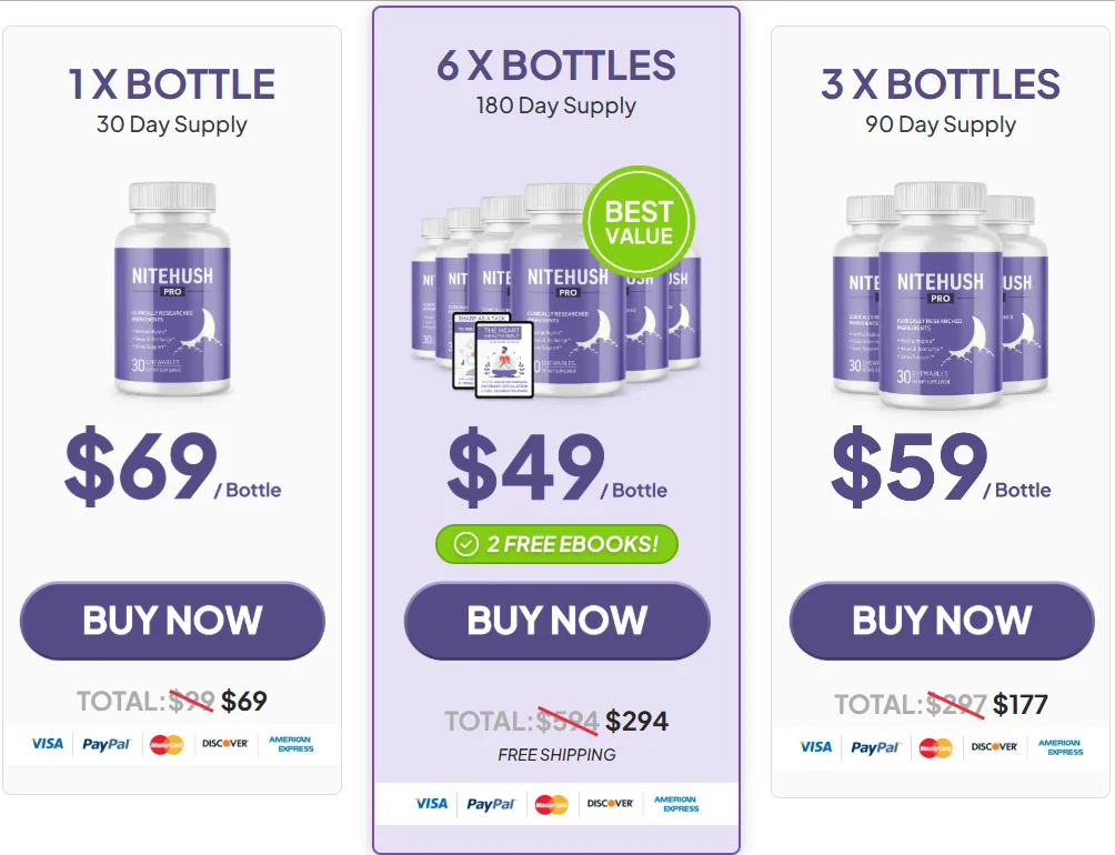 NiteHush Pro one-bottle, three-bottle, and six-bottle pricing options
