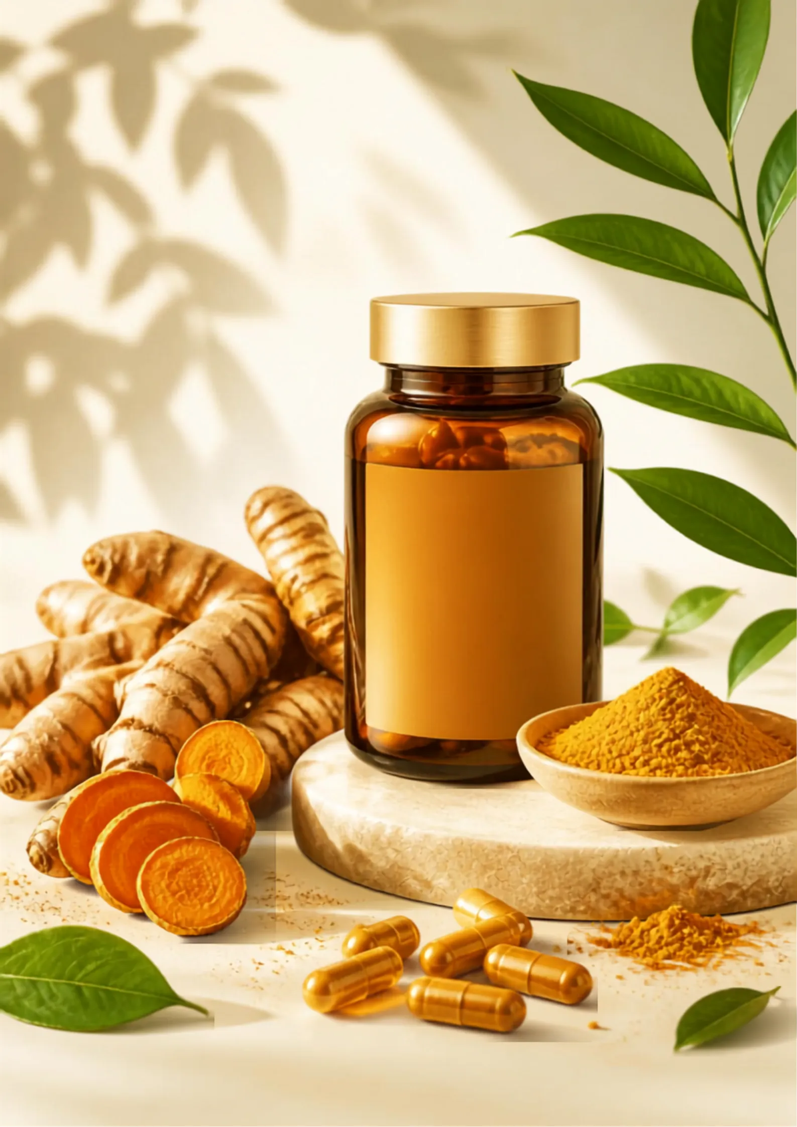 Curcumin benefits with turmeric extract and supplement capsules