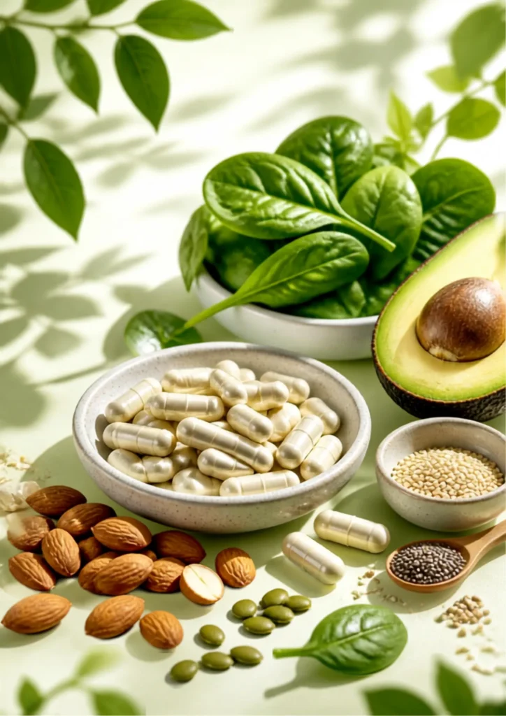 Magnesium supplement capsules with magnesium-rich foods